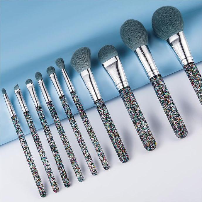 Makeup Brush Set 10 Glitter Transparent Rubber Handle Blush Loose Powder Brushes Complete Set Soft